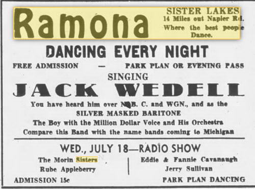 Ramona Ballroom/Dance Pavilion at Sister Lakes - 14 Jul 1934 Ad (newer photo)